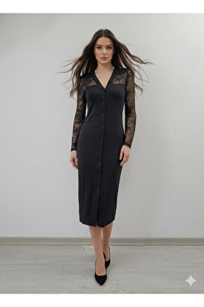 EQURİ Kadın Uzun Kollu Transparan Detay Midi Boy Elbise