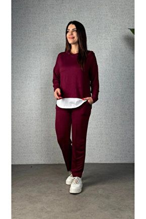MDB Kadın Uzun Kollu Kapşonlu Bağcıklı Viskon Iki Iplik Bluz Ve Pantolon Ikili Takım