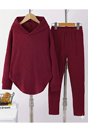 Kadın Uzun Kollu Kapşonlu Meloni Bluz Ve Pantolon Ikili Takım