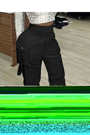 Kadın Yüksek Bel Beli Lastikli Kargo Cep Detaylı Gabardin Pantolon