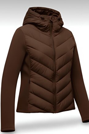 Kadın Kahverengi Kapüşonlu Termal Şişme Mont - Yeni Sezon Range Rover Mom ZR Stil Mont