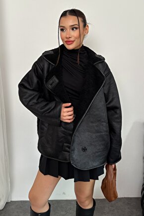 Kadın İçi Peluş Kürklü Oversize Suni Deri Mont - Else Lamine Süet Ceket