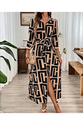 Kadın Uzun Kollu Yakalı önden Düğmeli Uzun Süprem Elbise