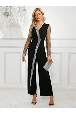 MDB Kadın Uzun V Yakalı önden Pulpayet Detaylı Tüllü Uzun Ithal Krep Tulum