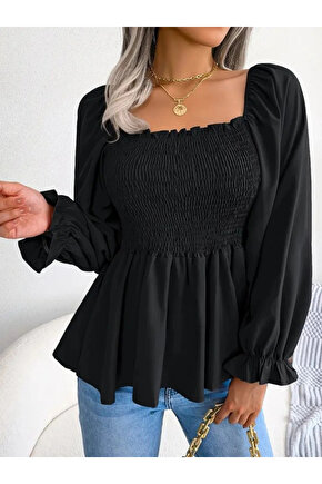 Kadın Uzun Kollu Geometrik Yakalı Gipe Detaylı Krep Bluz