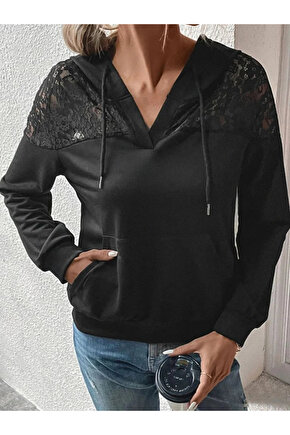 Kadın Uzun Kollu Kapşonlu Bağcıklı Dantelli Viskon Iki Iplik Bluz