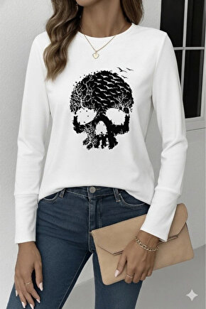 Kadın Uzun Kollu Bisiklet Yaka Kurukafa Desenli Viskon Bluz