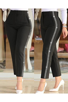 Kadın Yüksek Bel Yanlardan Taş Detaylı Ithal Krep Pantolon