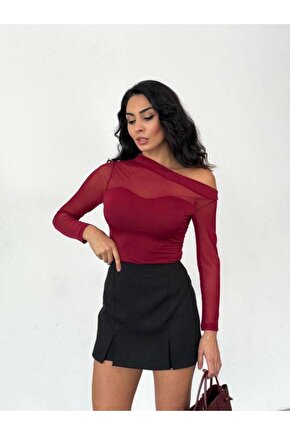 Kadın Uzun Kollu Omuz Dekoltesi Ve Transparan Tül Detay Bluz