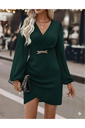 Kadın Uzun Kollu Kruvaze Yaka Yandan Büzgülü Asimetrik Detaylı Ithal Krep Mini Elbise