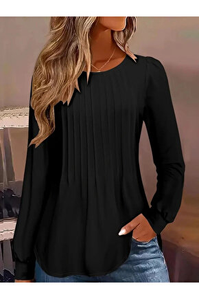 MDB Kadın Uzun Kollu Yuvarlak Yaka Nervürlü Bluz