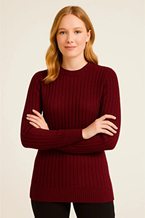 EQURİ Bisiklet Yuvarlak Yaka Triko Kazak Pamuklu Kalın Fitilli Dokuma, Regular Fit Uzun Kollu Kışlık