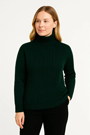 Balıkcı Yaka Bağazlı Triko Kazak Pamuklu Kalın Fitilli Dokuma - Haki