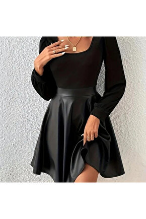 Kadın Uzun Kollu Kare Yaka üst Viskon Alt Deri Mini Elbise