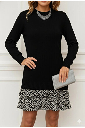 Kadın Uzun Kollu üst şardonlu Kaşkorse Alt Süprem Desenli Elbise