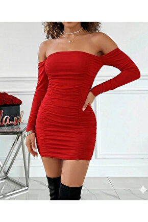 Kadın Uzun Kollu Omuzlardan Açık Takma Kollu Büzgülü Sandy Kısa Elbise