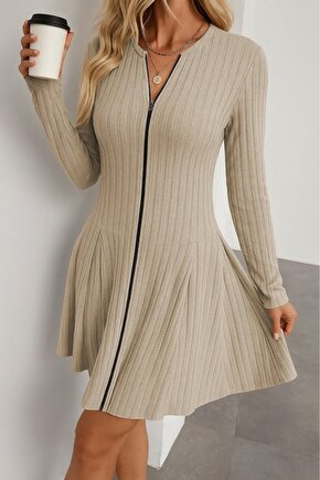 EQURİ Kadın Uzun Kollu önden Fermuarlı Pileli şardonlu Kaşkorse Mini Elbise