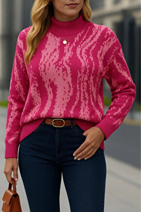 Kadın Uzun Kollu Balıkçı Yaka çok Renkli Triko Bluz