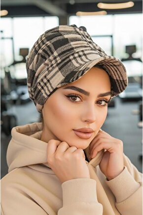 Vizon Siyah Ekose Desen Tesettür Şapka