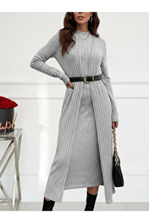 Kadın Uzun Kollu Yarı Balıkçı Yaka şardonlu Kaşkorse Elbise Ve Uzun Hırka Ikili Takım