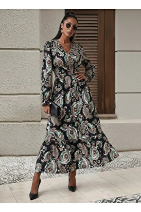 Kadın Uzun Kollu Kruvaze Yaka Beli Lastikli Uzun Desenli Maxi Elbise