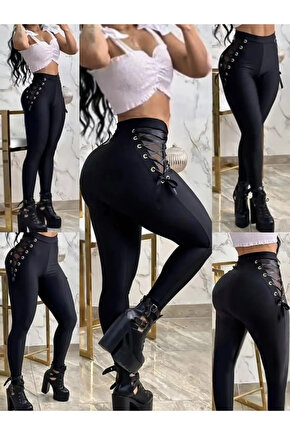 Kadın Yüksek Bel çapraz Bağcıklı Tül Detaylı Dalgıç Tayt