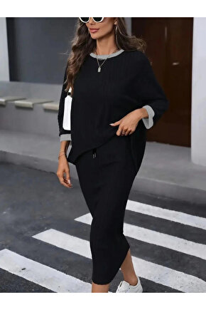 MDB Kadın Uzun Kollu Yakası Açık şardonlu Kaşkorse Bluz Ve Eteği Bağcıklı Ikili Takım