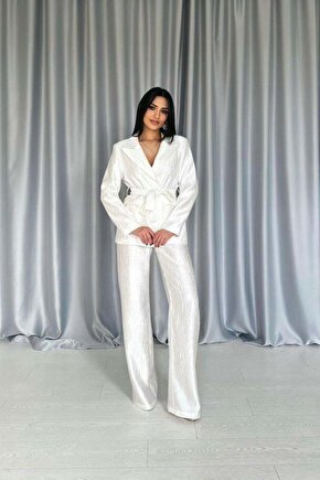 Ekru Beli Kuşaklı Ceket Ve Pantolon Parlak Takım