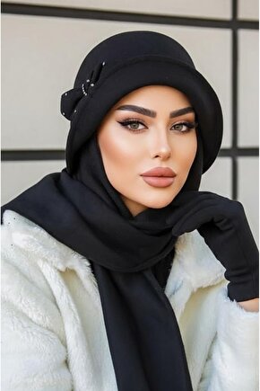 Siyah Taşlı Aksesuarlı Vintage Şapka