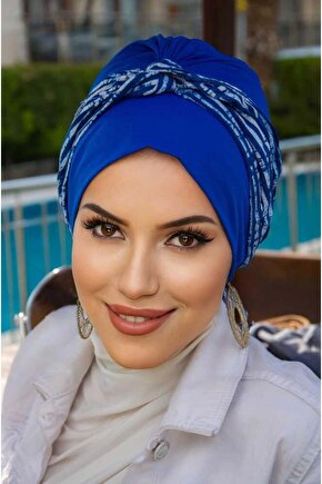 Saks Mavi Çizgili Burgu Bantlı Hazır Bone