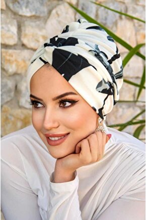 Füme Beyaz Desenli Hazır Burgu Düğüm Bone