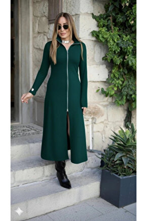 Kadın Uzun Kollu önden Fermuarlı Ithal Krep Elbise