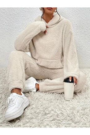 Kadın Uzun Kollu Kapşonlu önden Cepli Peluş Alt Ve üst Ikili Takım