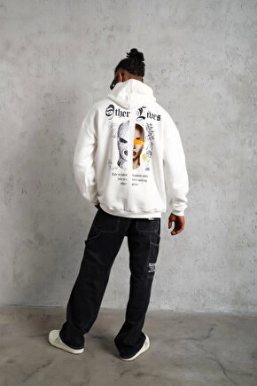 Oversize Üç İplik Şardonlu Kapüşonlu Sweatshirt – Beyaz Other Lives Ön Ve Arka Baskılı, Kang