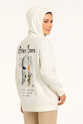 EQURİ Oversize Üç İplik Şardonlu Kapüşonlu Sweatshirt – Beyaz Other Lives Ön Ve Arka Baskılı, Kang