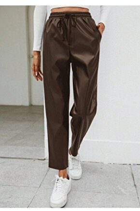 Kadın Yüksel Bel Bağcıklı Deri Pantolon