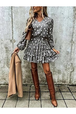 EQURİ Kadın Uzun Kollu V Yakalı Belden Kuşaklı Puantiyeli Mini Modal Elbise