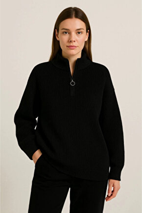 EQURİ KADIN Yarım Fermuarlı Triko Kazak – Selanik Örgü, Dik Yaka, Pamuklu Dokuma, Oversize Uzun Koll