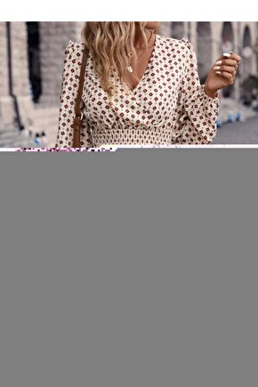 EQURİ Kadın Uzun Kollu Kruvaze Yaka Desenli Mini Modal Elbise