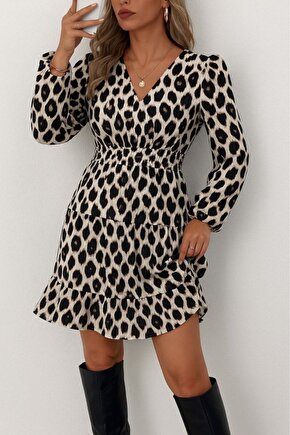 EQURİ Kadın Uzun Kollu Kruvaze Yaka Desenli Mini Modal Elbise