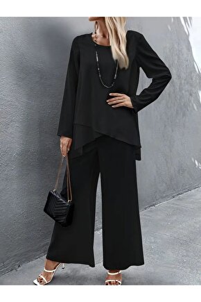 EQURİ Kadın Uzun Kollu Asimetrik Detaylı Salaş Sandy Bluz Ve Pantolon Ikili Takım