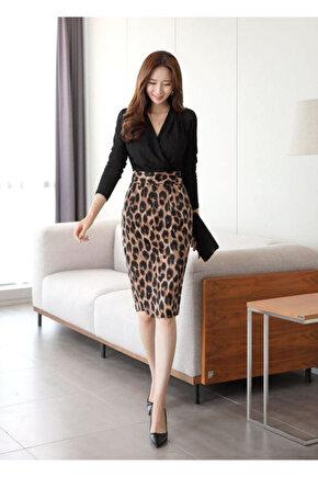 EQURİ Kadın Uzun Kollu Kruvaze Yaka üst Ithal Krep Alt Dalgıç Leopar Detaylı Elbise