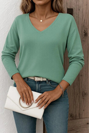 Kadın Uzun Kollu V Yaka Triko Bluz
