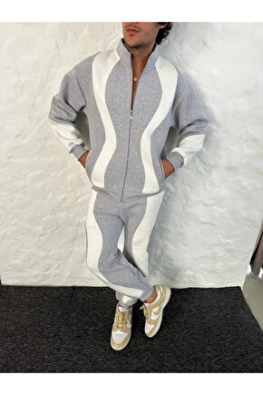 EQURİ Erkek Premium Parçalı Eşofman Takım - Dik Yaka Fermuarlı Sweatshirt, - Gri