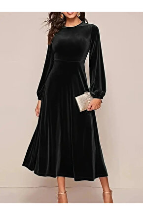 Kadın Uzun Kollu Bisiklet Yaka Midi Kadife Elbise
