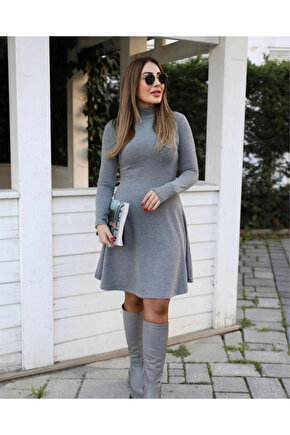 Kadın Uzun Kollu Balıkçı Yaka Salaş Kusa Akrilik Elbise