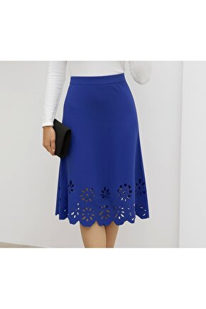 Kadın Yüksek Bel Lazer Kesim Detaylı Midi Ithal Krep Etek