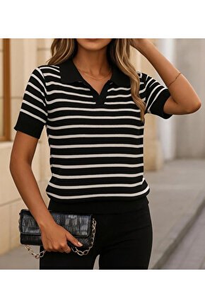 Kadın Kısa Kol Polo Yaka çizgi Desen Triko Bluz
