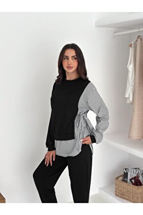 EQURİ Kadın Gömlek Detay çizgili Yandan Bağlamalı Ikili Takım