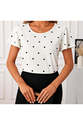 Kadın Kısa Kelebek Kollu Bisiklet Yaka Kalp Desenli Süprem Bluz